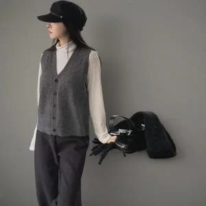 [하프클럽/]여성 브이넥 단추 니트 베스트 심플 무지컬러