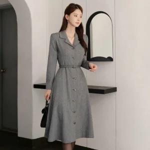 [시크라인] (~XXL까지) 로네다 헤링본 플레어 벨트 원피스 겨울 하객룩 오피스룩 모임룩 격식룩 연말룩 빅사이즈