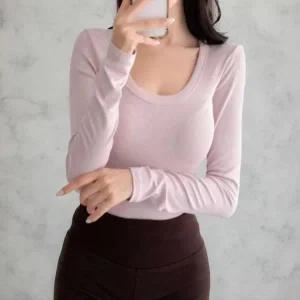 [하프클럽/]여성 롱슬리브 U넥 슬림핏 레이온 골지 티셔츠