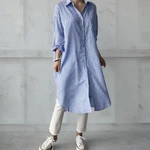 [하프클럽/]여성 클래식 스트라이프 루즈핏 블루 롱셔츠