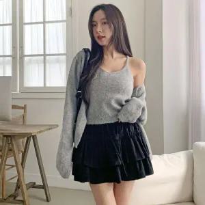 [하프클럽/]여성 벨루어 귀여운 쁘띠 폭신 티어드 스커트