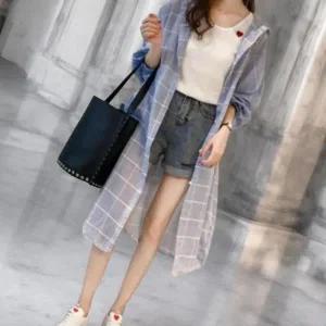 [하프클럽/]여성 키치 스타일 체크 포켓 카라넥 오버사이즈 롱 셔츠