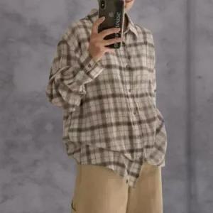 [하프클럽/]여성 배색 체크 루즈핏 언발란스 체크 셔츠