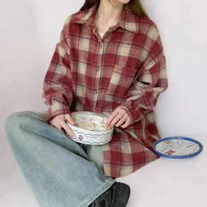 [하프클럽/]여성 클래식 두꺼운 배색 체크 루즈핏 긴 셔츠