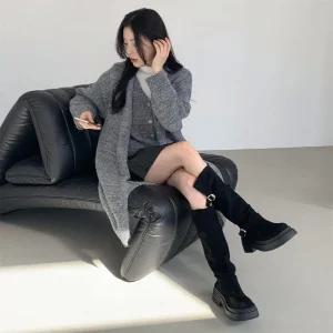 여자 카디건 V넥 베이직 롱 슬리브리스 포근 세트