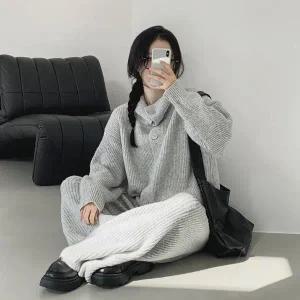 [하프클럽/]여자 루즈핏 골지 단추 가디건 와이드 팬츠 세트