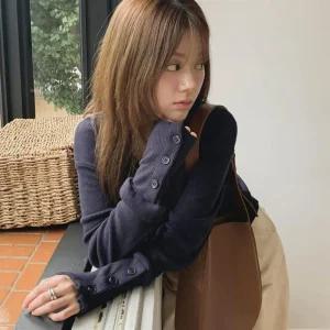 여성 빅사이즈 울혼방 V넥 롱슬리브 잔골지 니트