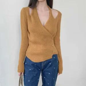 여성 키치룩 홀너텍 사이드버튼 울 롱슬리브 골지 니트