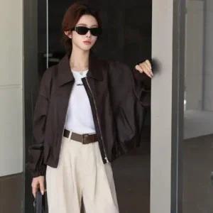 [옷자락] 여자 카라넥 루즈핏 스트링 블루종 레더 자켓