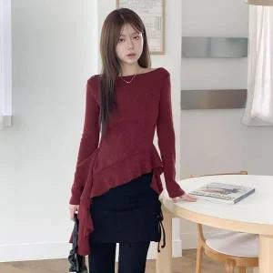 [다잇템] 여자 무지컬러 밑단프릴 언발 골지 슬림핏 니트