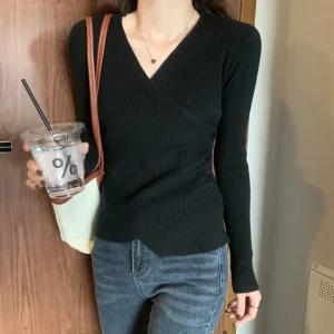 여성 랩 V넥 언발 미니멀리즘 잔잔골지 롱슬리브 니트