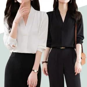 우아한 쉬폰 브이넥 긴팔 블라우스 하객룩 오피스룩 블랙 화이트