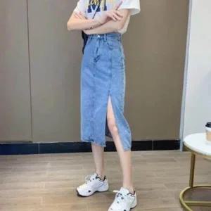 아트박스/신상오픈런 여성 중청 앞트임 미디 데님 키치 스타일