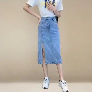 아트박스/신상오픈런 여성 키치 스타일 중청 앞트임 미디 데님 치마