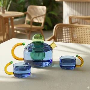 모던 블루 유리 다기 주전자세트 선물용 다도구 찻잔세트