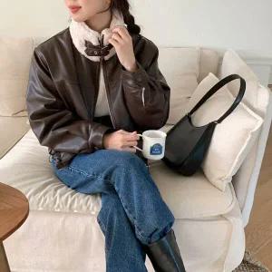 여성 무스탕 폴라넥 버클 퍼안감 베이직 가죽 자켓