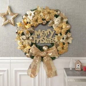 아트박스/플라워트리 크리스마스 리스 벽장식 골드펄 포인꽃 A 75cm 소품