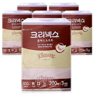 크리넥스 클래식 소프트 200매 3개입 x6개-1box 무향 미용티슈 각티슈