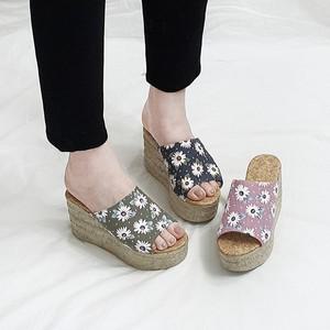 나보 국산 플라워 웨지 키높이 꽃무늬 통굽 슬리퍼9cm