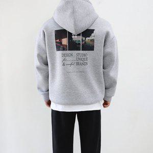 [엠클로]남자 오버핏 네오프렌 스튜디오 레터링 프린팅 후드 맨투맨