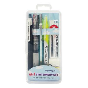 오피스존 / 문화연필 6in1 문구 선물 필기류 세트 샤프 3색 볼펜 형광펜 샤프심 지우개 펜케이스 필통 멀티 올인원 생일답례 학원 홍보