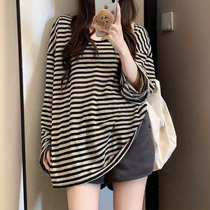 스타일아유 빈티지 스트라이프 배색 브이넥 여성 봄가을 루즈핏 캐주얼 롱티셔츠 TS2976