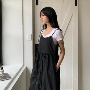 겐로다 나일론 깔끔 투웨이 여성 끈나시 긴원피스 주름디테일