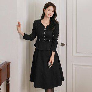 [시크라인] 로자먼드 쥬얼리 버튼 페플럼 플레어 트위드 원피스