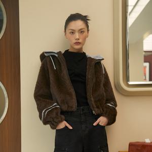 컬러 배색 후디 페이크퍼 자켓 EP4FJ061