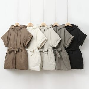 하프 루즈핏 캡소매 반팔 사파리 후드 벨트 패딩 조끼