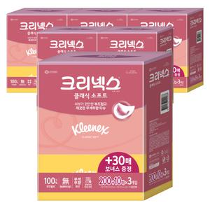 크리넥스 클래식 소프트 미용티슈 보너스팩 (200+10)매X3개입 6팩