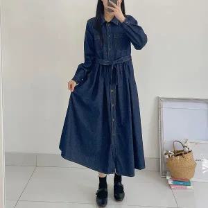 [퍼니걸스] 7740 카라 데님 청 셔츠 단추 스트랩 긴팔 롱 원피스 여성의류_P377043572