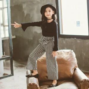 여아 주니어 리본블랙 봄 가을 체크 와이드 팬츠  초등학생 세트