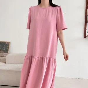 [하프클럽/]여성 반소매 프릴 큰사이즈 분홍색 롱원피스