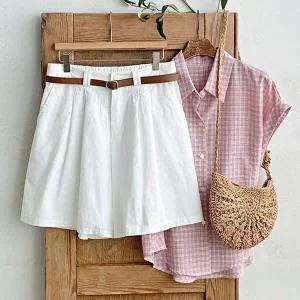 [샵앤]여성 뒷밴딩 벨트 투턱 통넓은 여름 면 반바지 JR-WPT-4595-아이보리