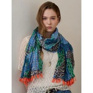 [하프클럽/]에스닉 믹스 패턴 링클 코튼 태슬 롱 스카프