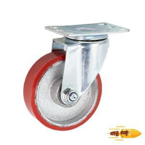 중형 아연 도금 4인치 고하중 120kg 주철 코어 빨간색 pu 바퀴 캐스터가 있는 플레이트 회전 상단 100mm 트