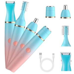 여성용 판니오혜 4-in-1 전기 페이셜 헤어 트리머, 여러 개의 헤드가 있는 충전식 방수 눈썹 제모기, 파란색 및 분홍색 그라데이션