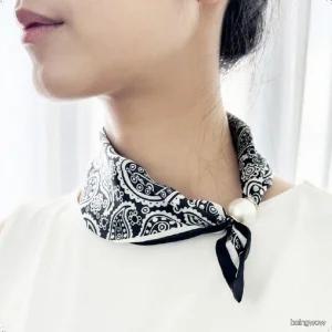고급스런 진주 원터치 자석 블랙 쁘띠 스카프 여성 넥타이 데일리 코디