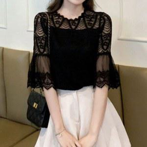 레이스블라우스 트럼펫소매 시스루 상의 댄스복 메쉬 라인