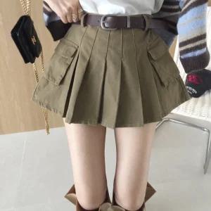 룰렛 하이웨스트 지퍼 카고 포켓 벨트세트 플레어 코튼 미니스커트 (속바지) (3color)