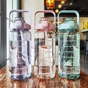 2L 휴대용 빨대 플라스틱 물병 야외 스포츠 피트니스 성인용 고급 빅팻 컵 (시간 표시 포함)