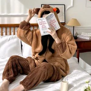 카피바라 로브 극세사 코스튬 수면잠옷 긴팔 바지 세트 원피스 가운 여성 기모 파자마 겨울 파티