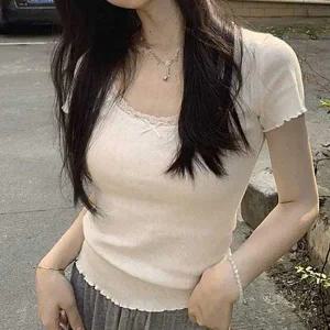 여름티셔츠 데일리 여리핏 스퀘어넥 레이스 반팔티