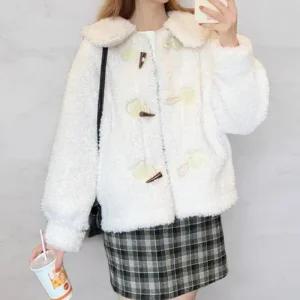 여성 캐주얼 퍼 토글 버튼 카라넥 양털 자켓