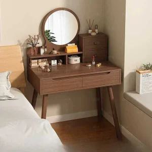 엔틱 화장대 서랍형 입식 라운드 거울 빈티지 콘솔 화장대 - 월넛