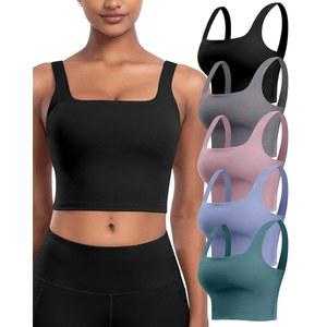 여성 스포츠 브라 5팩 - 스퀘어 넥 롱라인 운동 크롭 탱크 탑 패드가 내장된 패딩 요가 카미솔