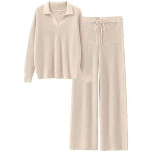 안라베스 여성 투피스 의상 스웨터 세트 라운지 와플 니트 풀오버 와이드 레그 팬츠 운동복 2025 가을 패션