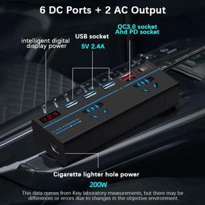 DC 12V/24V에서 AC 110V/220V 변환기 USB/PD/Type-C 충전기 200W 8 포트 소켓 ON/OFF 스위치 전원 어댑터