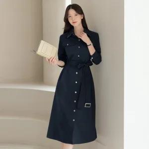[시크라인] (~XXL까지) 세미덴 스트랩 벨트 셔츠 원피스 가을 겨울 하객룩 오피스룩 모임룩 격식룩 빅사이즈